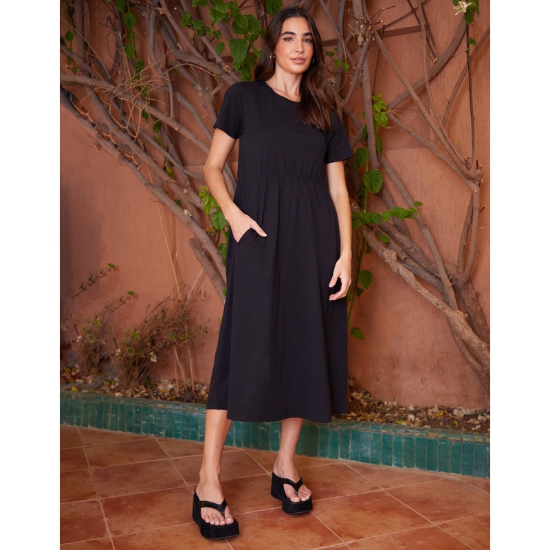 Black Jersey Midi Smock Dress with Pockets Black 8