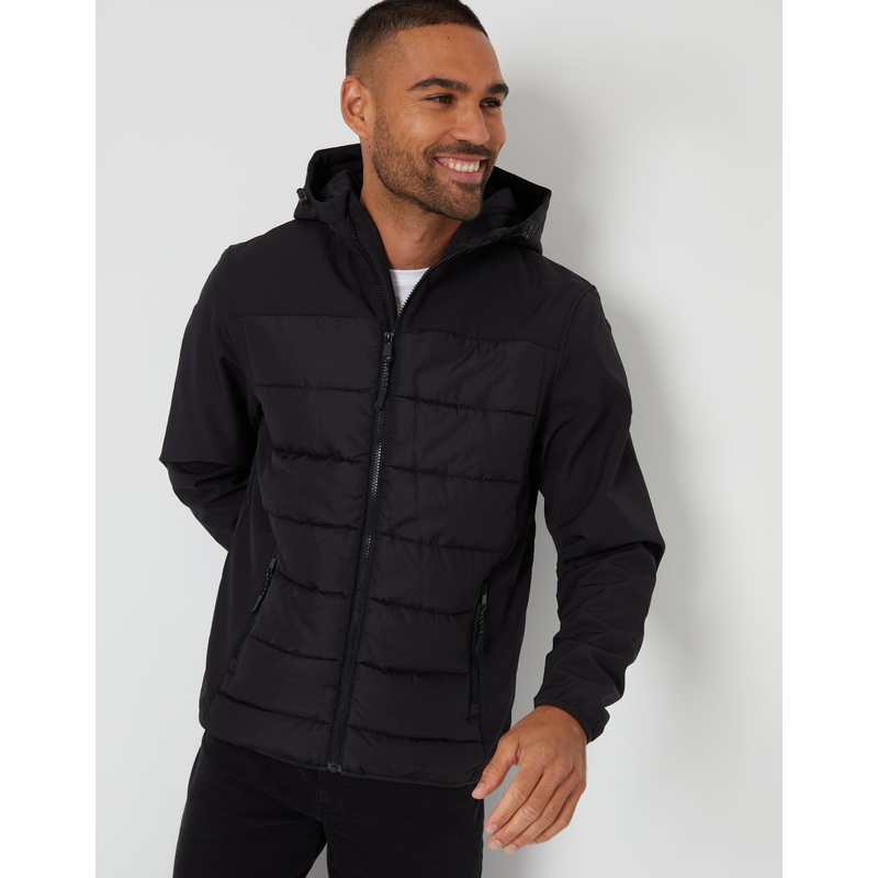 Black Padded Chest Hooded Jacket Black S