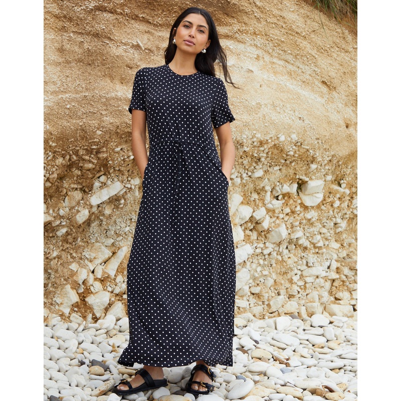 Black Polka Dot Ruched Waist Jersey Midi Dress with Pockets Black 8