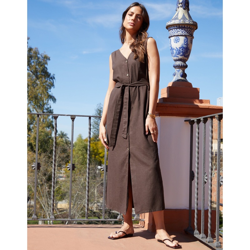 Chocolate Brown Linen Blend Belted Button Down Maxi Dress Chocolate Brown 8