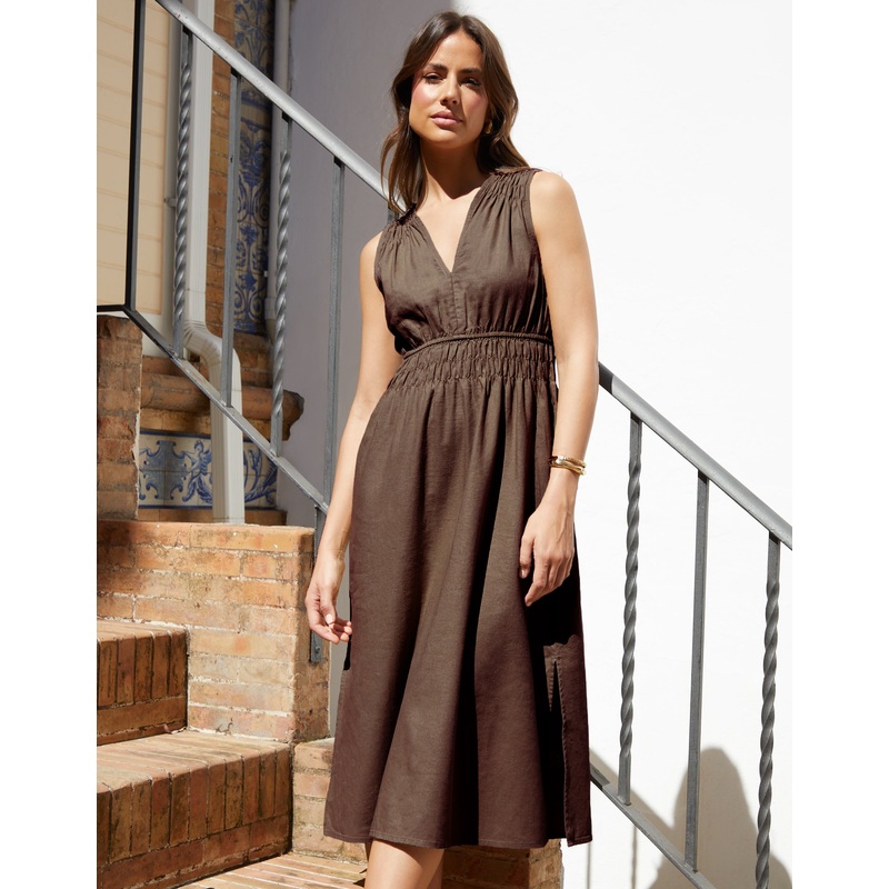 Chocolate Brown Linen Blend Ruched Midi Dress Chocolate Brown 8