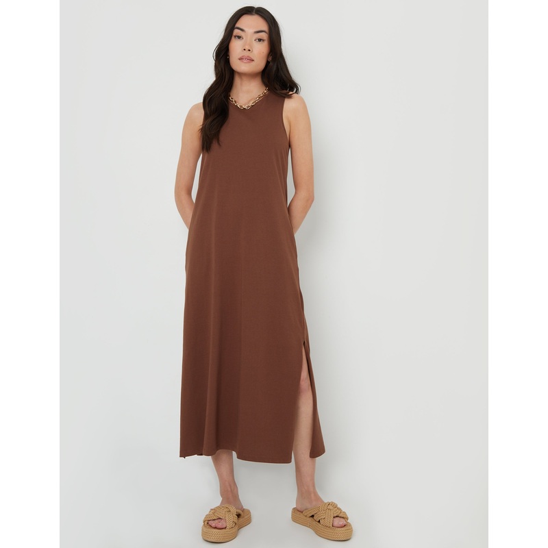 Chocolate Brown Sleeveless Jersey Midi Dress with Pockets Chocolate Brown 8