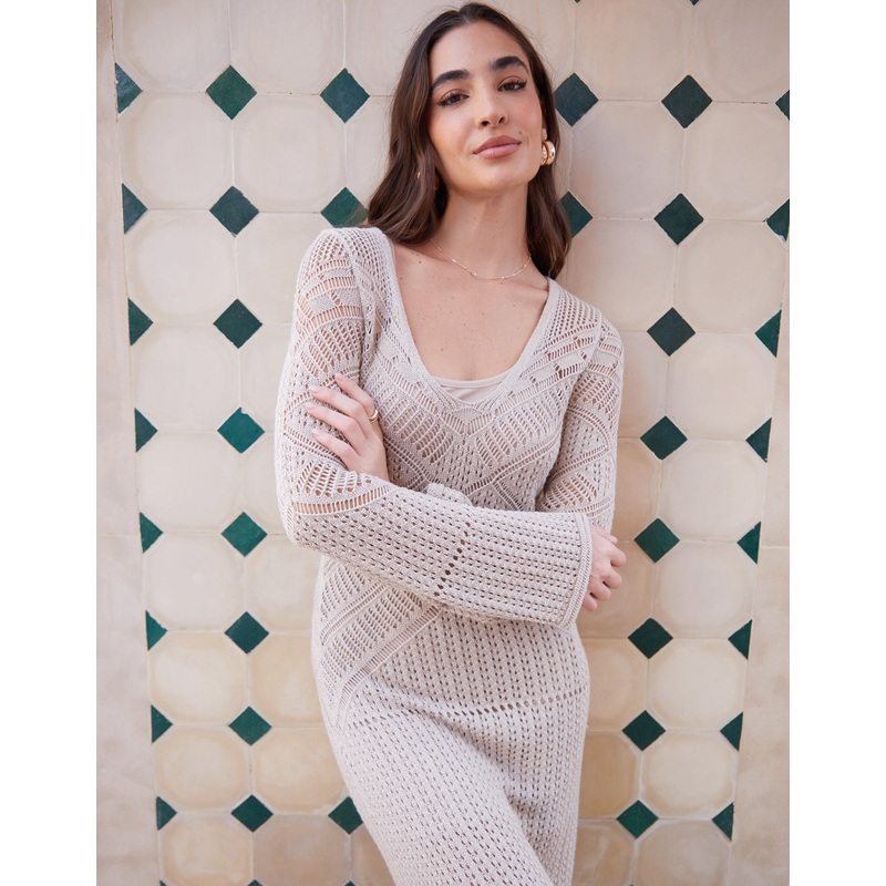 Ecru Cami Lined Long Sleeve Crochet Maxi Dress Ecru 8