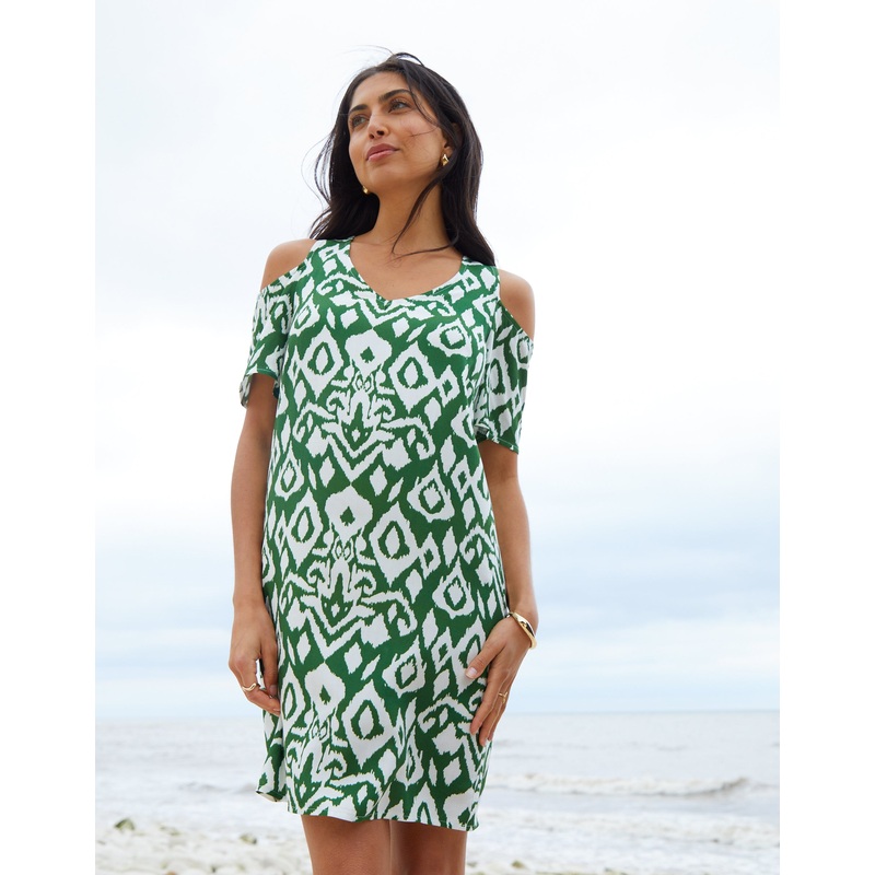 Green Ikat Print Cold Shoulder Shift Dress Green 8