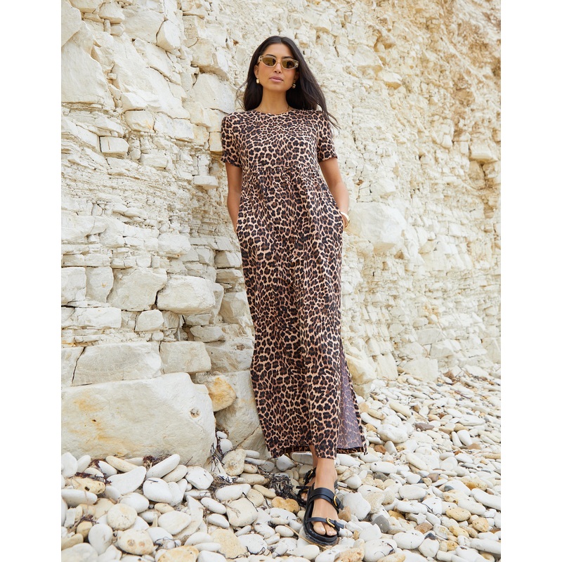 Leopard Print Jersey Maxi Dress with Pockets Leopard 8