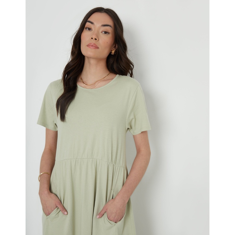 Sage Green Jersey Midi Smock Dress with Pockets Sage Green 8