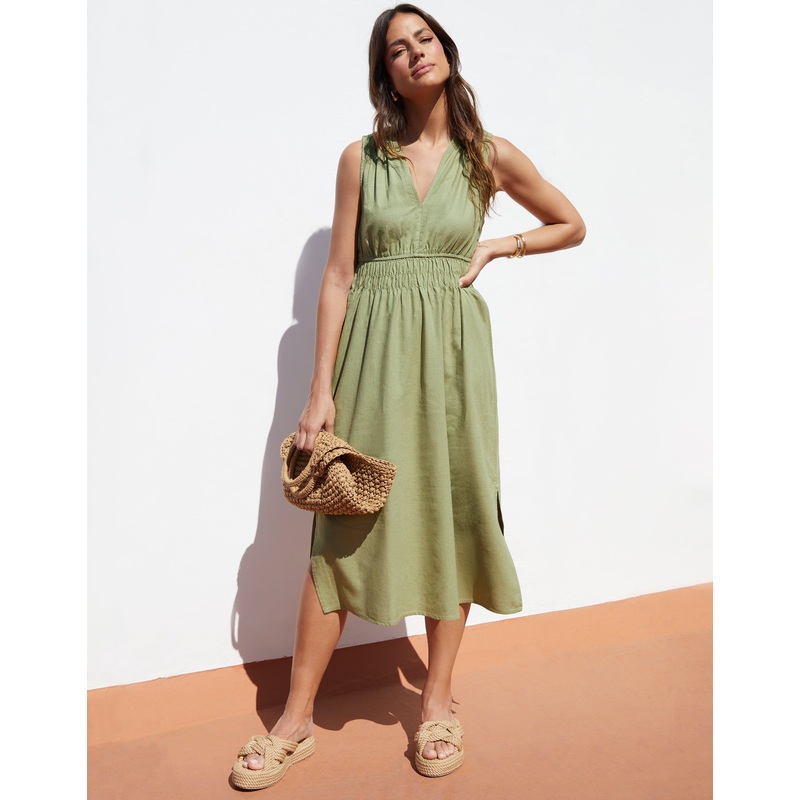 Sage Green Linen Blend Ruched Midi Dress Sage Green 8