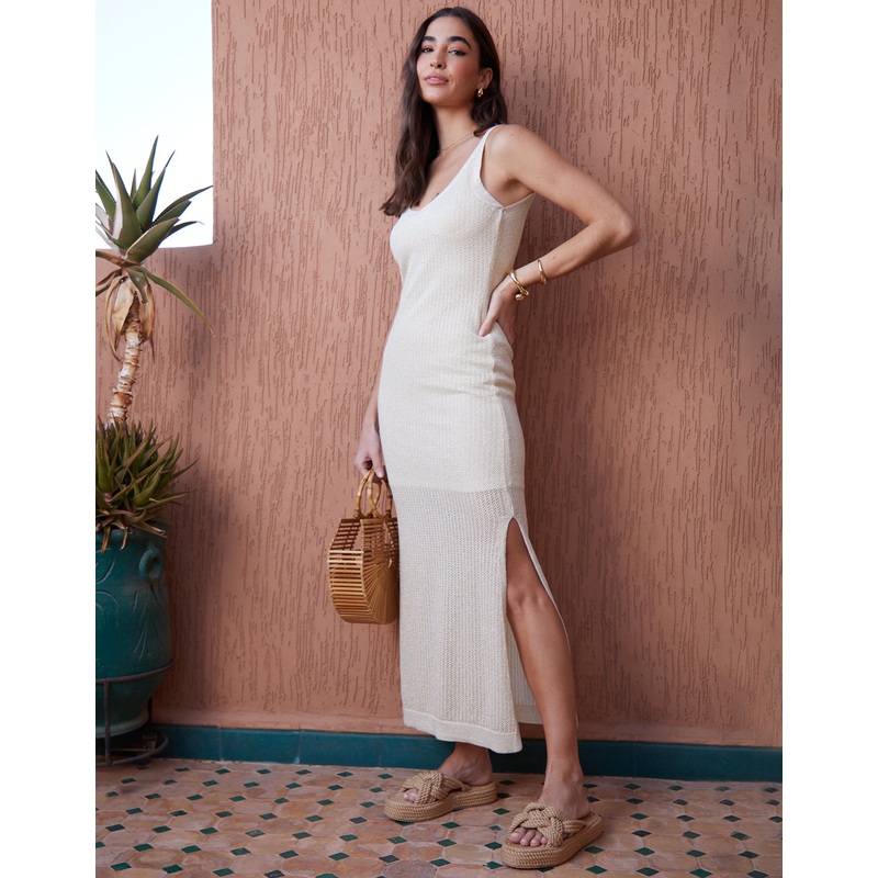 White Metallic Crochet Knitted Maxi Cami Dress White 8