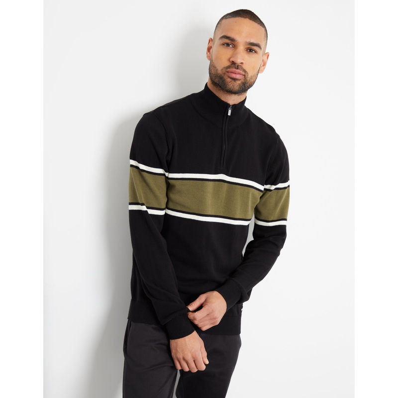 Black Block Stripe Knitted Quarter Zip Black S