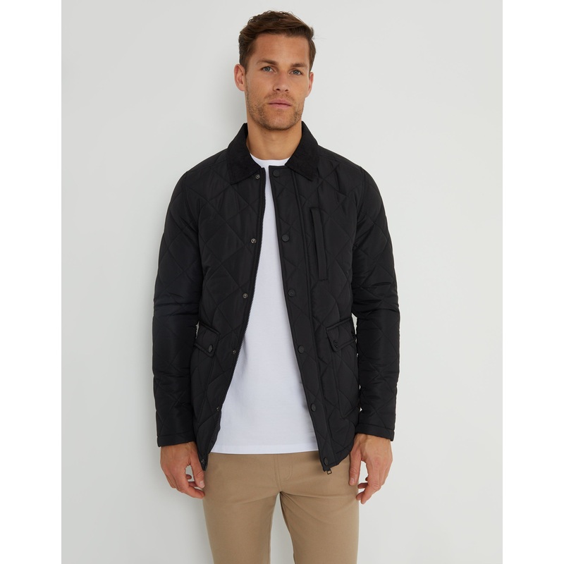 Black Showerproof Diamond Quilted Collared Jacket Black S