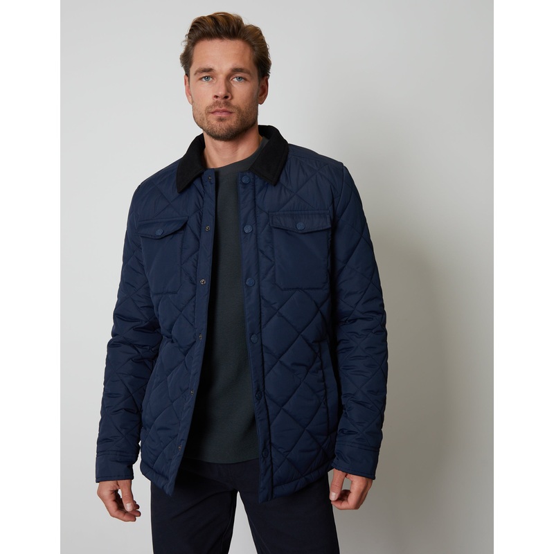 Navy Showerproof Quilted Microfleece Lined Collared Jacket Navy S