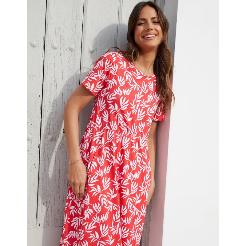 Red Leaf Print Jersey Midi Smock Dress with Pockets Red 8