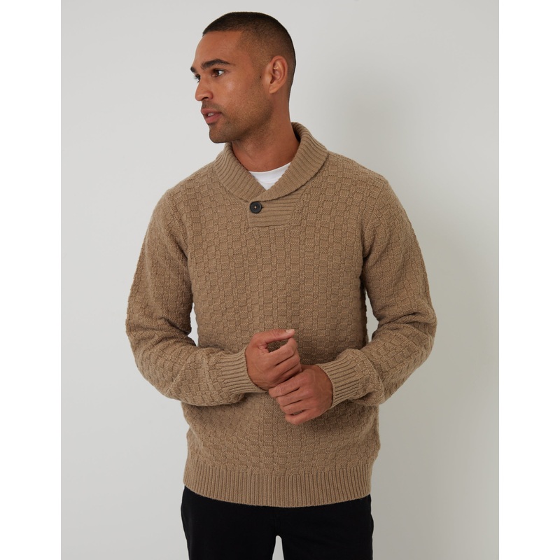 Beige Basket Stitch Knitted Shawl Neck Jumper Beige S