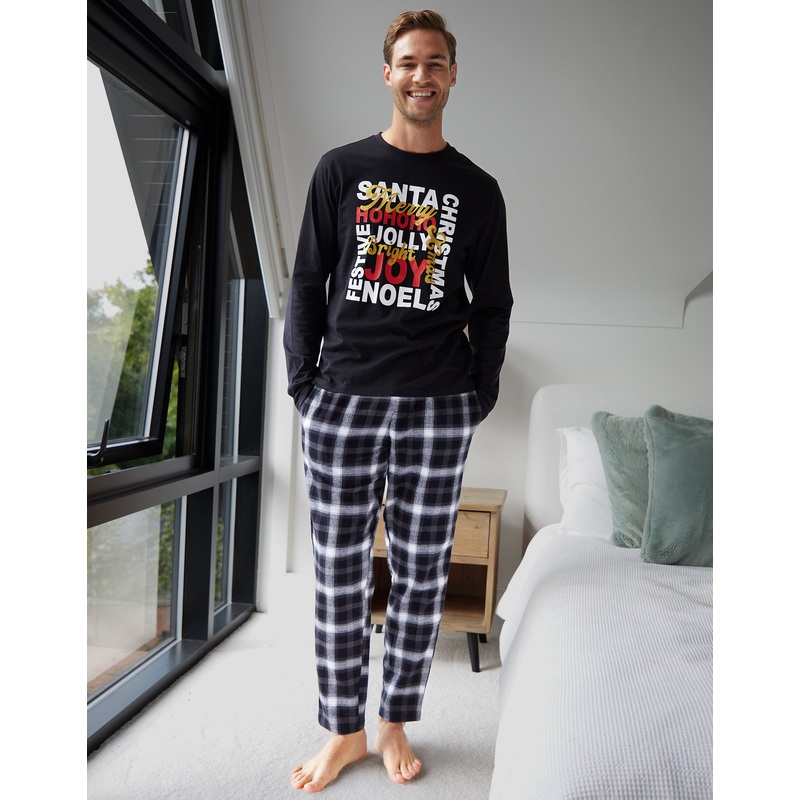 Black Christmas Slogan Graphic Long Pyjamas (2-Piece Set) Black S