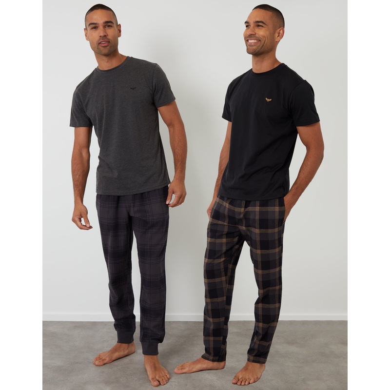 Black & Grey Short Sleeve T-Shirt & Check Pants Pyjama Set (2-Piece Set) (2 Pack) Black & Grey S
