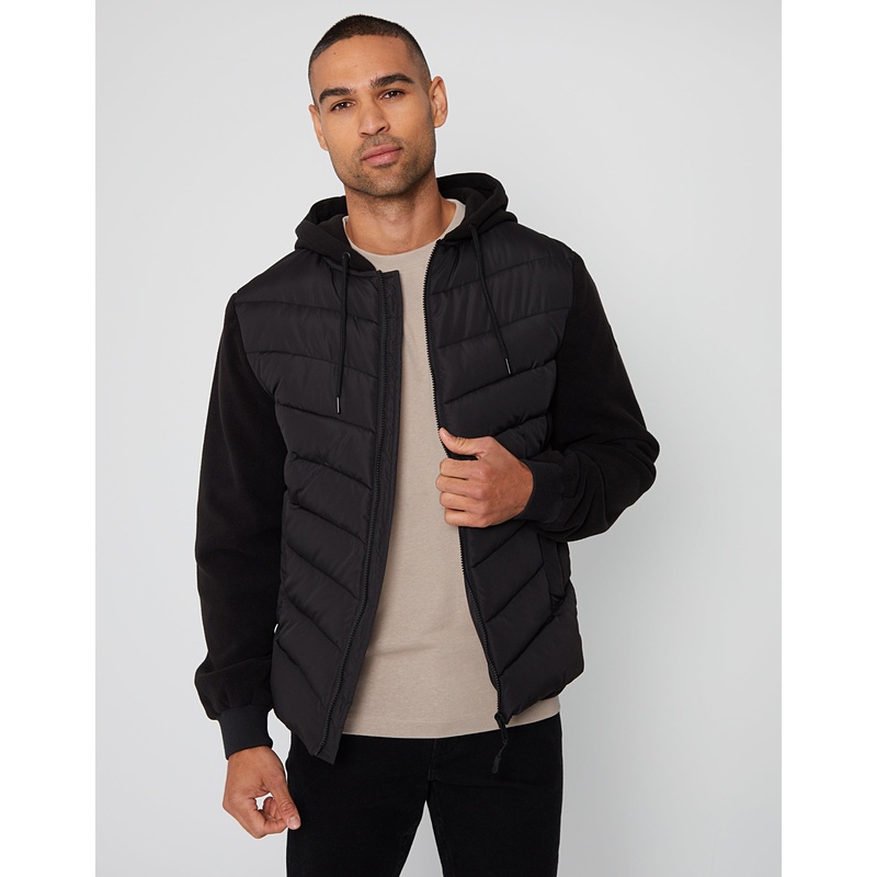 Black Padded Contrast Sleeve Hooded Jacket Black S