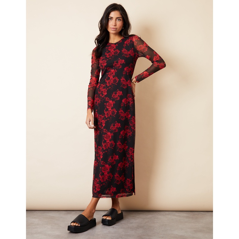 Black & Red Floral Print Long Sleeve Mesh Midi Dress Black 8
