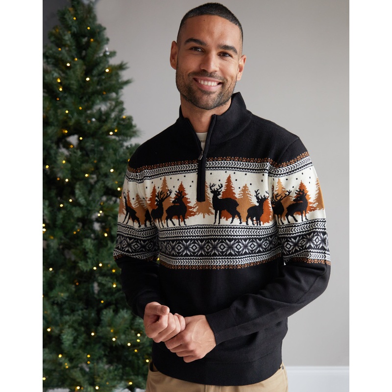 Black Reindeer Fairisle Quarter Zip Jumper Black S