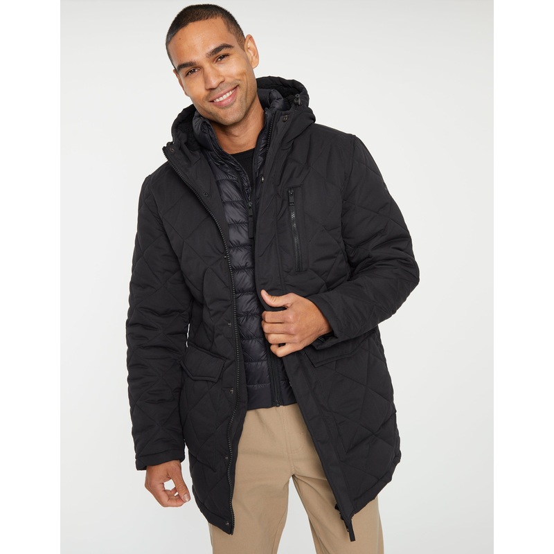 Black Showerproof Quilted Borg-Lined Hood Double Layer Coat Black S