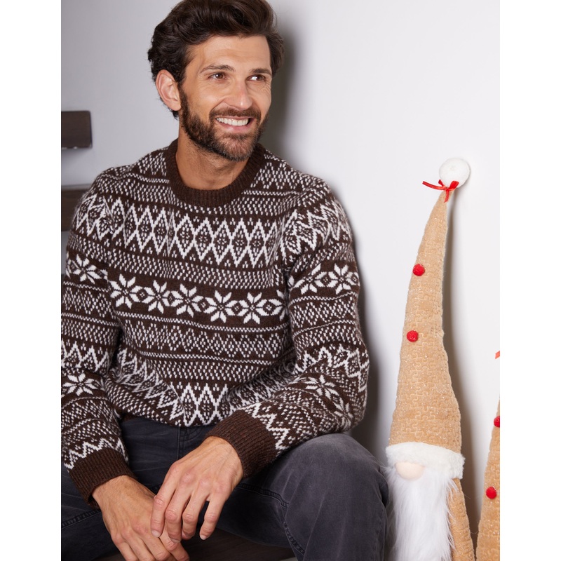 Brown Christmas Fairisle Crew Neck Jumper Brown S