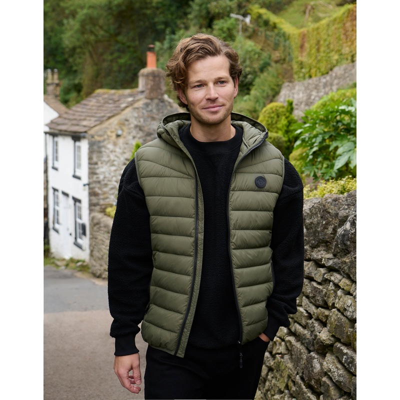 Khaki Green Matte Finish Padded Hooded Gilet Khaki Green S
