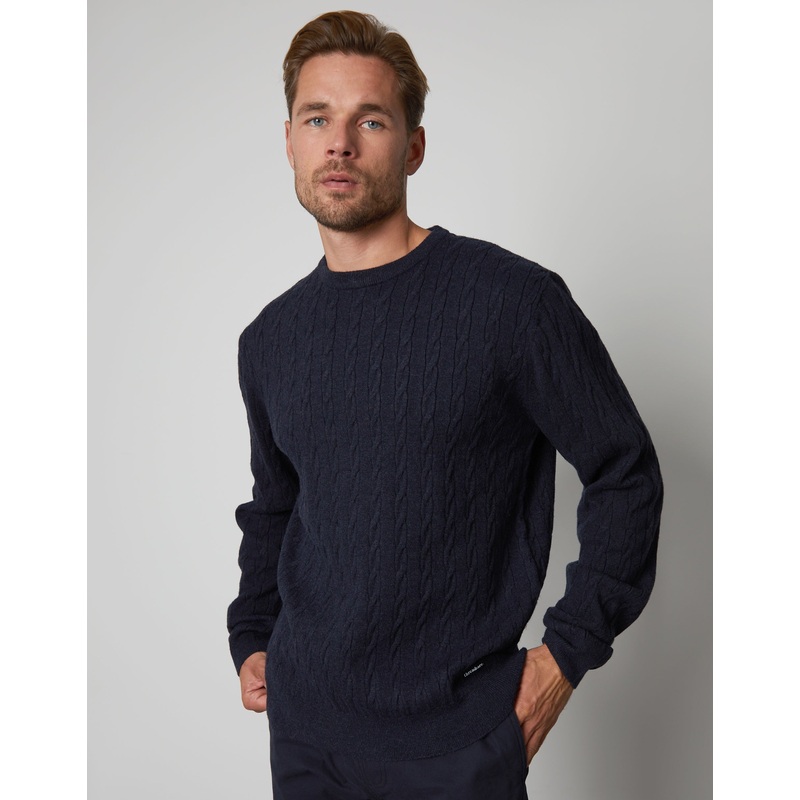 Navy Ribbed Cable Knit Crew Neck Jumper Navy S