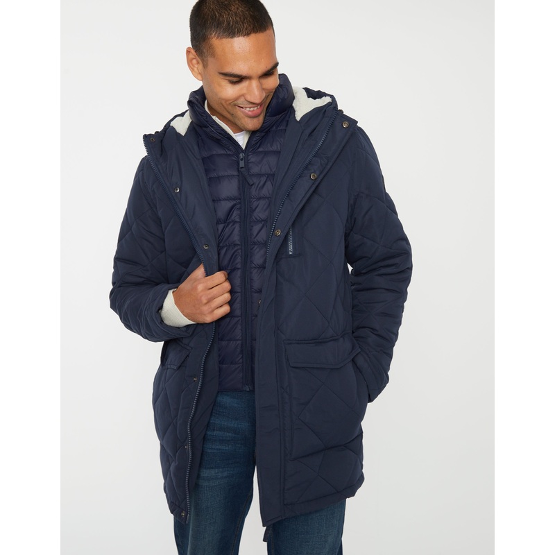 Navy Showerproof Quilted Borg-Lined Hood Double Layer Coat Navy S