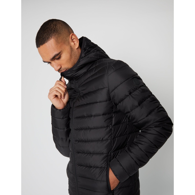 Black Matte Finish Padded Hooded Jacket Black S