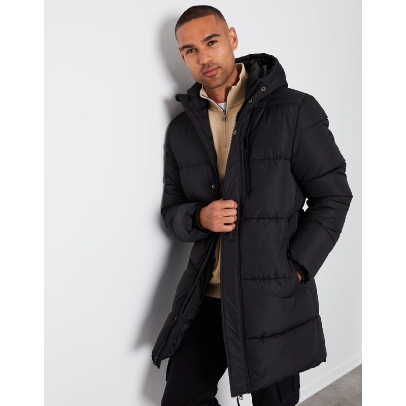 Black Showerproof Hooded Longline Puffer Jacket Black S