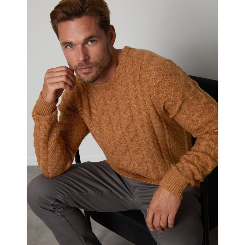 Camel Brown Cable Knit Detail Crew Neck Jumper Camel Brown S
