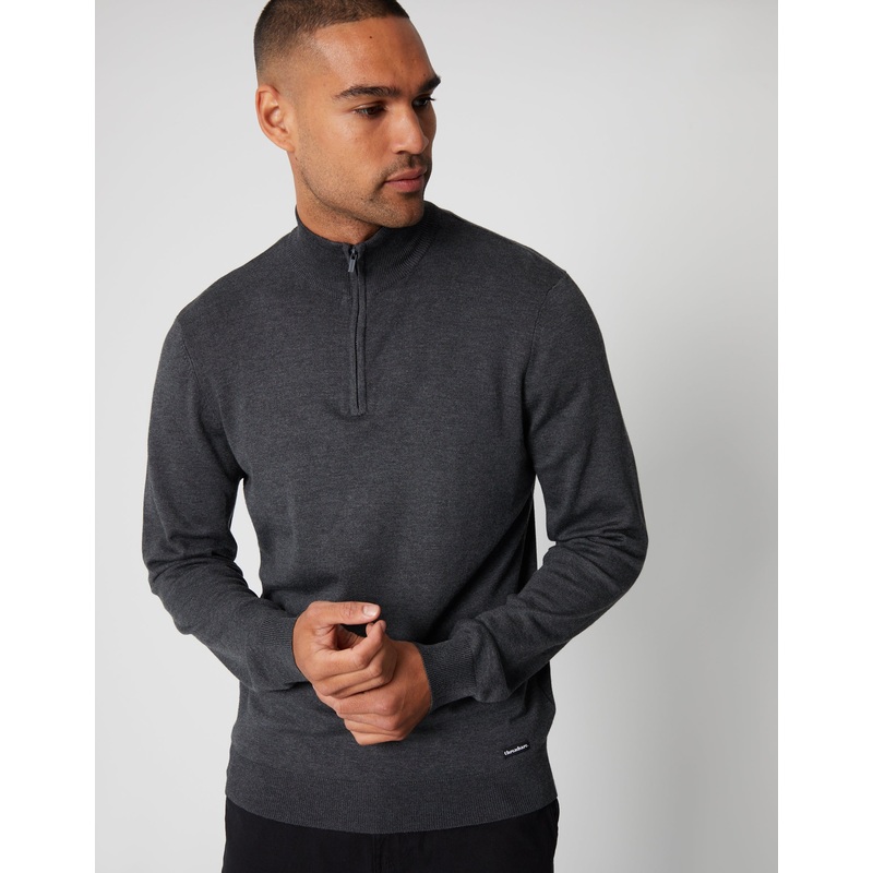 Charcoal Grey Funnel Neck Quarter Zip Knitted Jumper Charcoal Grey S