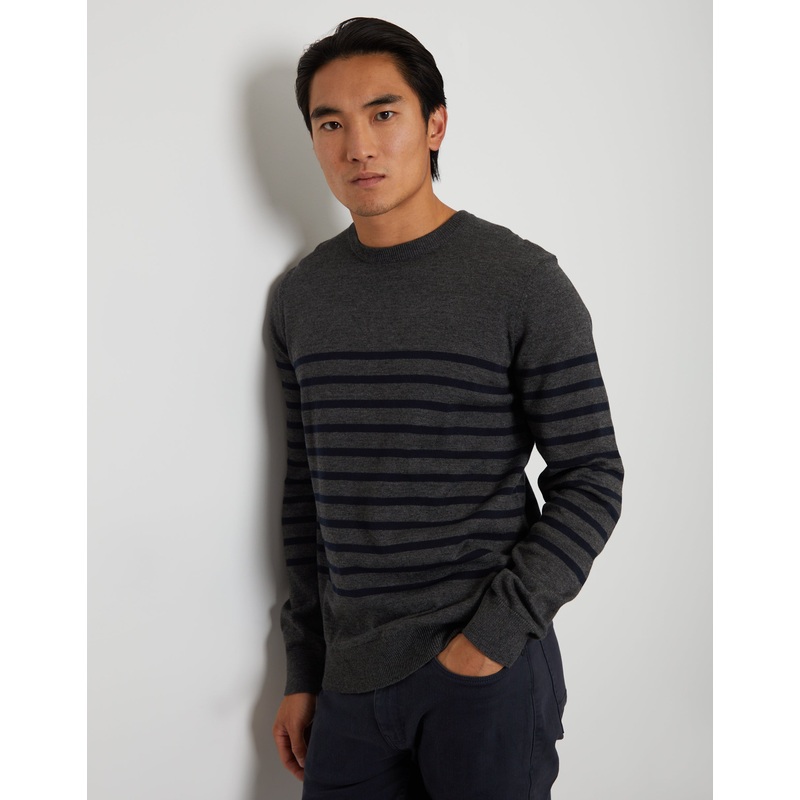 Charcoal Grey Marl Striped Knitted Crew Neck Jumper Charcoal Grey Marl S