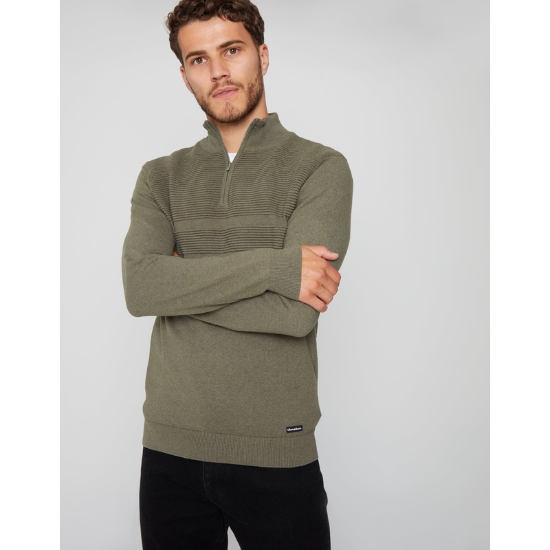 Khaki Green Rib Detail Knitted Quarter Zip Jumper Khaki Green S