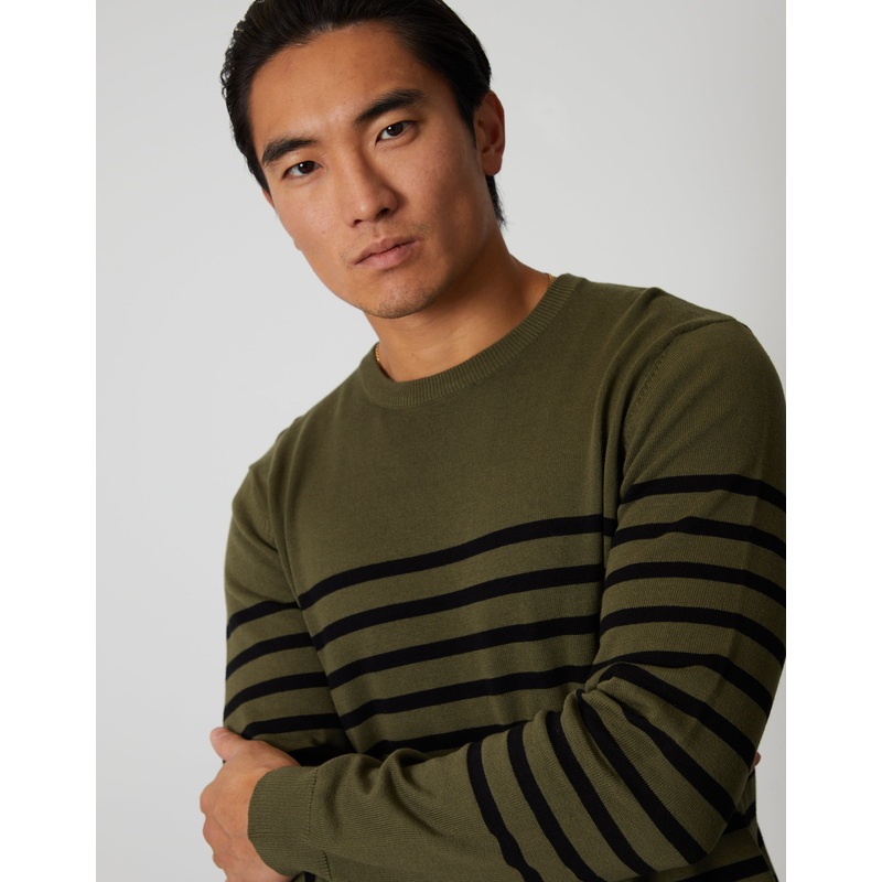 Khaki Green Striped Knitted Crew Neck Jumper Khaki Green S