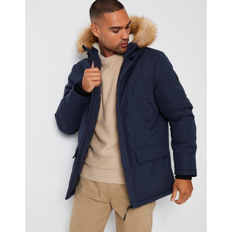 Navy Showerproof Parka Jacket with Borg-Lined Hood Navy S