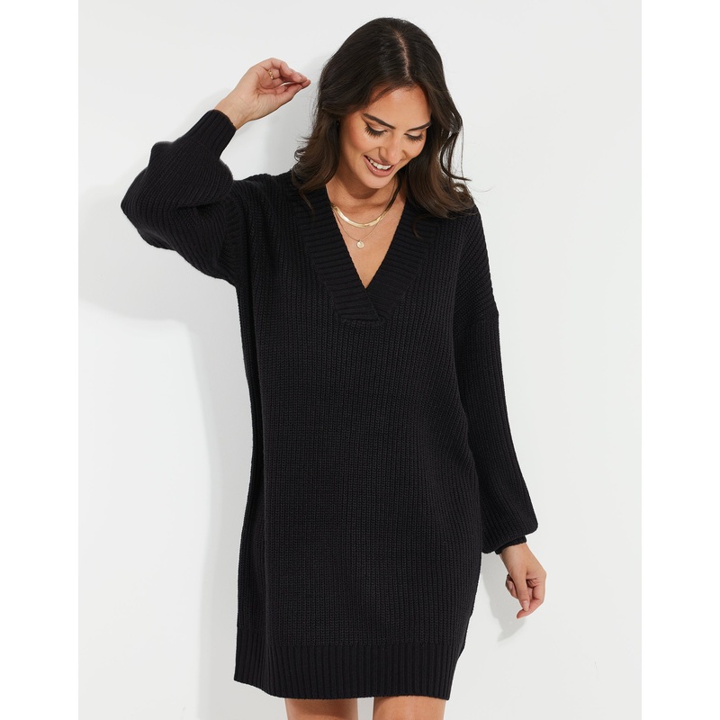 Petite Black V-Neck Knitted Jumper Dress Black 6-P