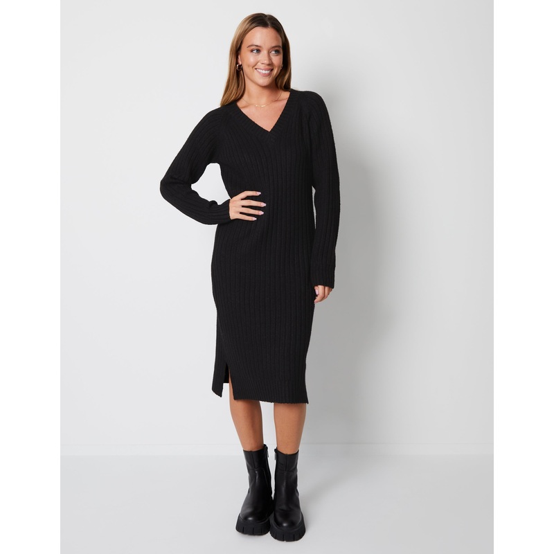 Petite Black V Neck Knitted Midi Dress Black 6-P