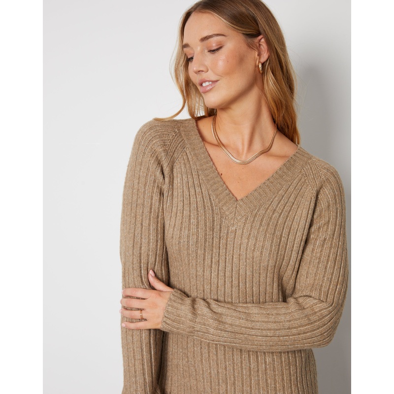 Petite Camel Brown V Neck Knitted Midi Dress Camel Brown 6-P