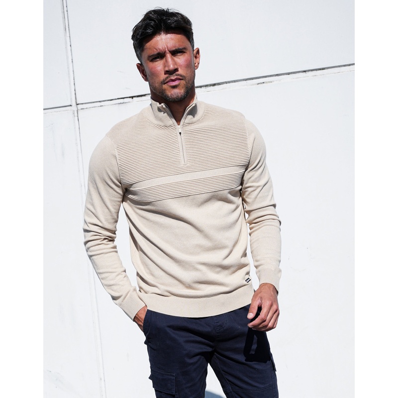 Stone Rib Detail Knitted Quarter Zip Jumper Stone S