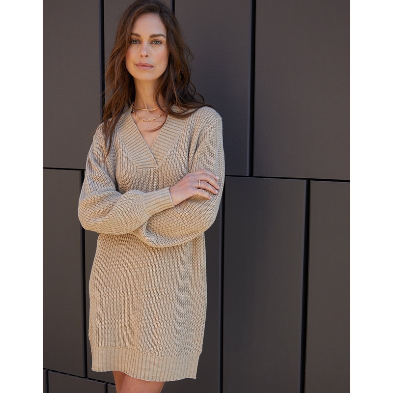 Stone V-Neck Knitted Jumper Dress Stone 8