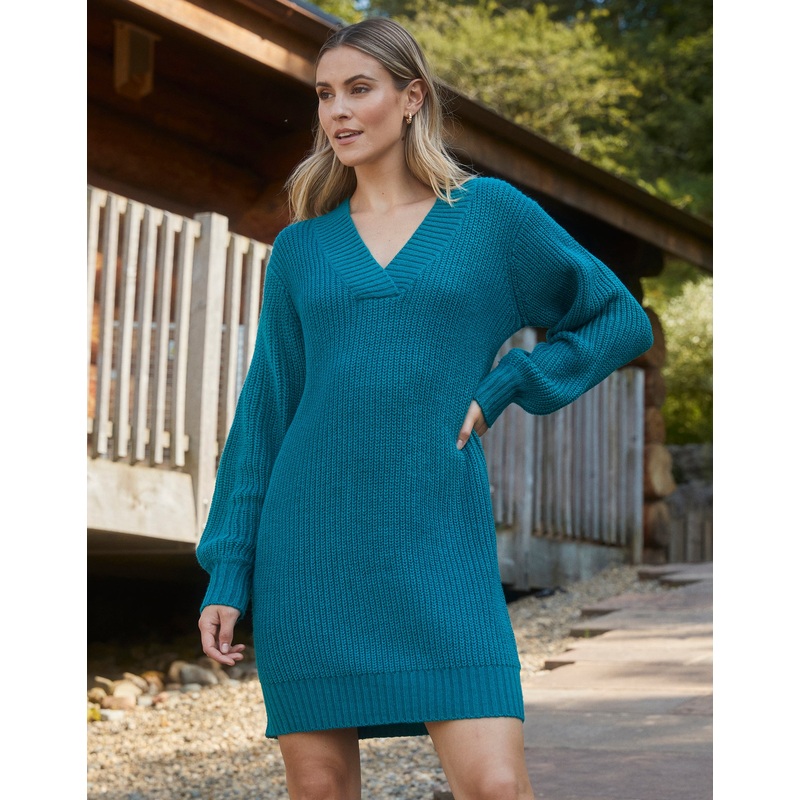 Teal Green V-Neck Knitted Jumper Dress Teal Green 8