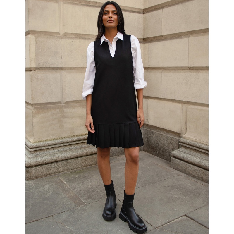 Black Notch V Neck Pleated Hem Ponte Pinafore Dress Black 8