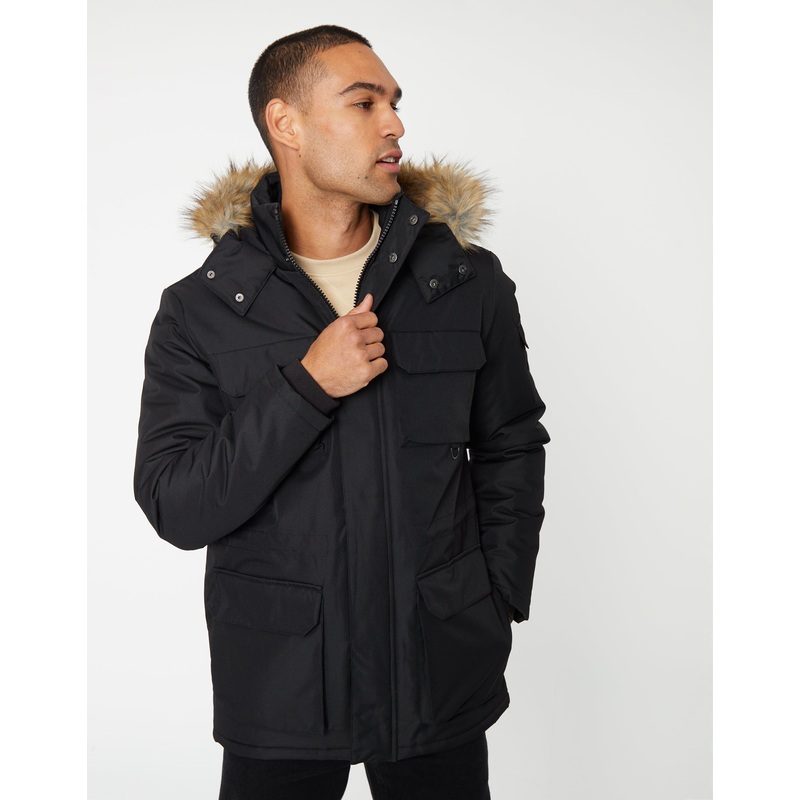 Black Showerproof Utility Pocket Parka Jacket Black S