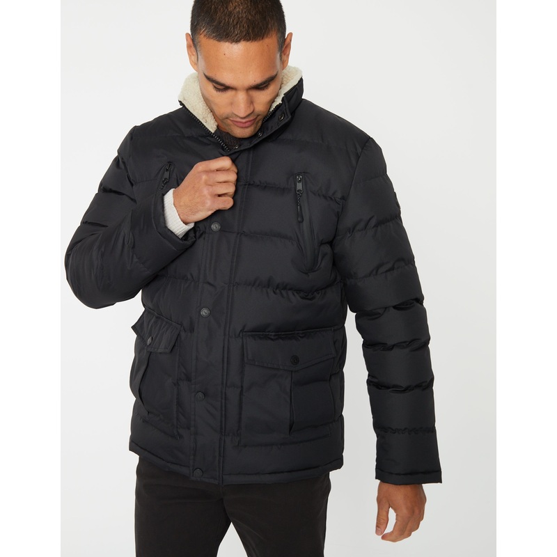 Black Showerproof Utility Puffer Jacket with Sherpa Lined Collar Black S