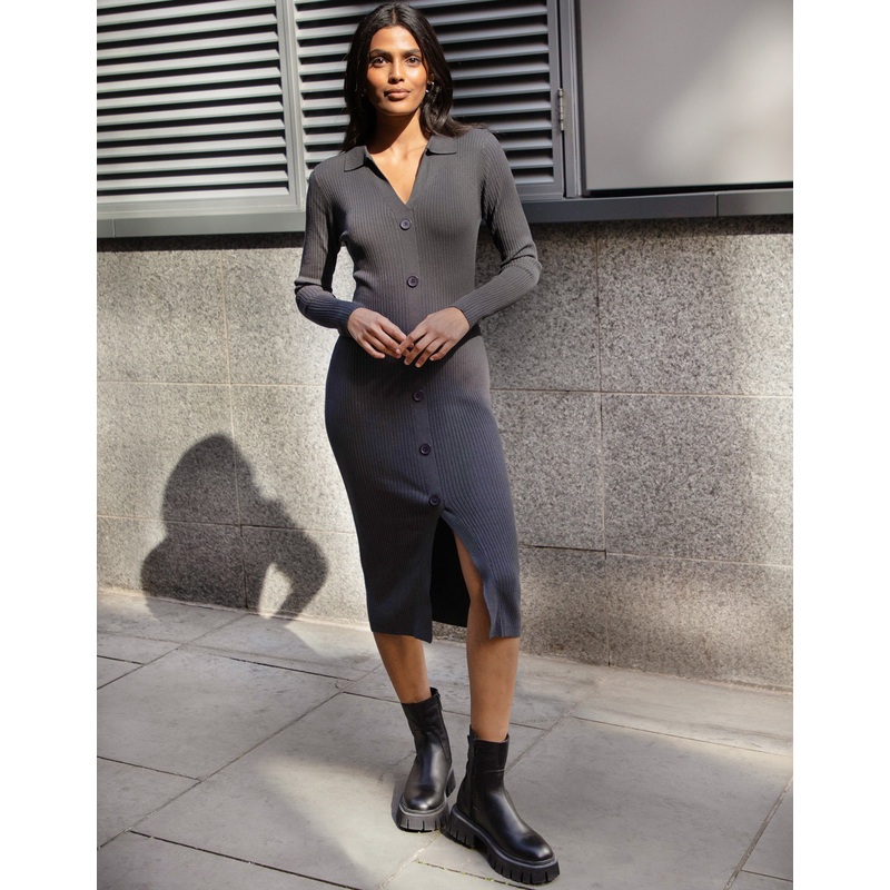 Charcoal Grey Long Sleeve Mock Cardigan Dress Charcoal Grey 8