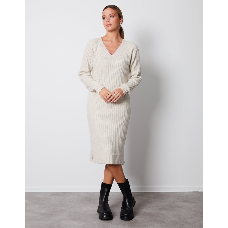Cream V Neck Knitted Midi Dress Cream 8