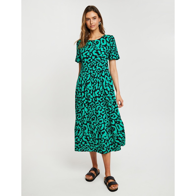 Green Animal Print Puff Sleeve Tiered Smock Midi Dress Green 8