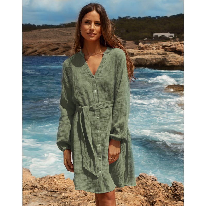 Green Belted Grandad Collar Cotton Crinkle Shirt Dress Green 8