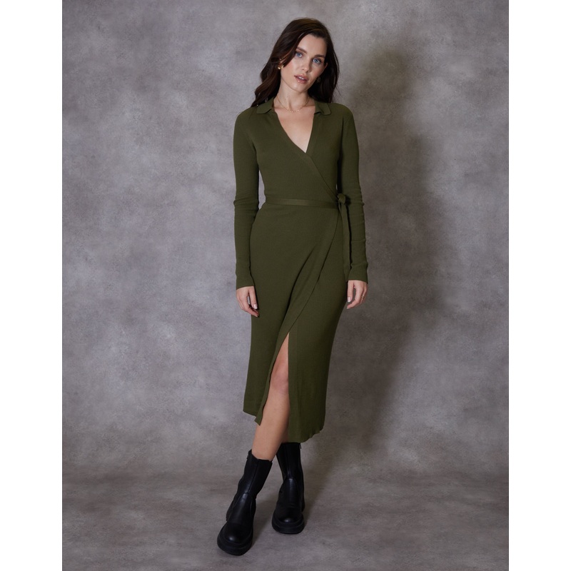Olive Green Ribbed Wrap Tie Dress Olive Green 8