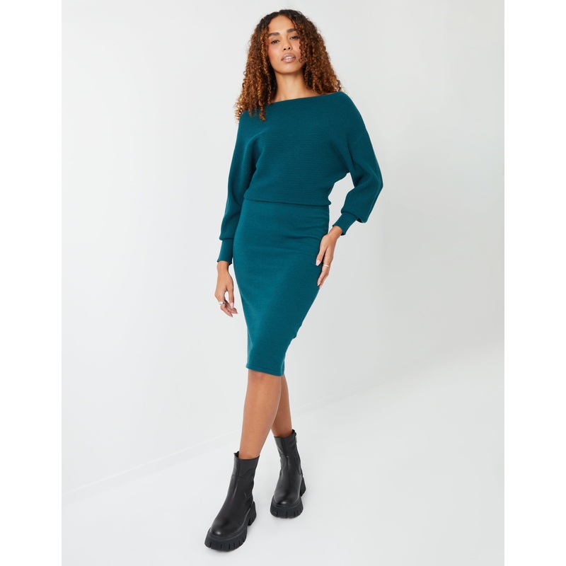 Teal Green Slash Neck Knitted Dress Teal Green 8